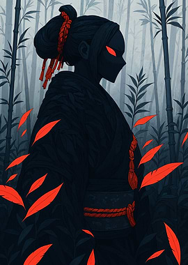 Dark Kimono Woman in Bamboo Forest