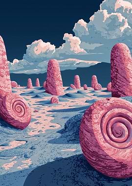 Surreal Pink Landscape with Snail Shells