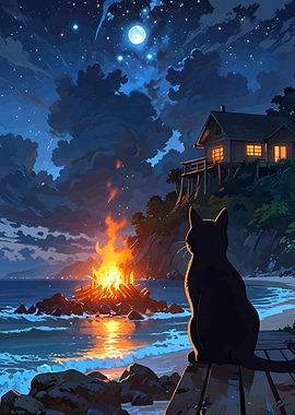 Night Beach Bonfire with Black Cat