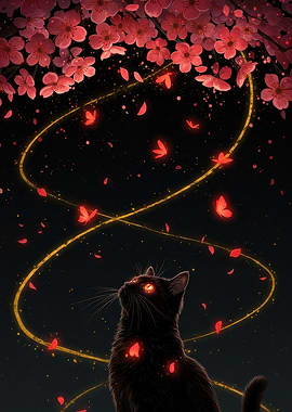 Black Cat Under Cherry Blossoms