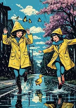 Girls in Yellow Raincoats Playing with Duck