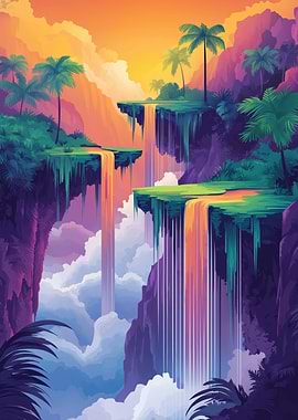 Floating Tropical Waterfall Landscape with Palm Trees