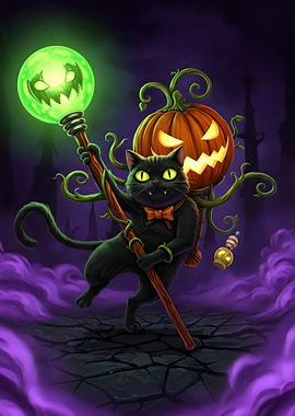 Halloween Cat with Pumpkin and Staff
