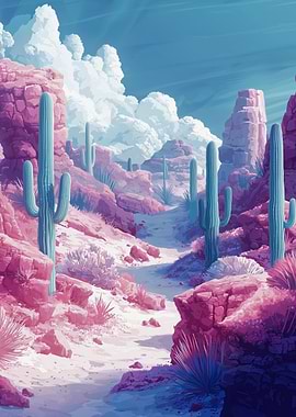 Pink Desert Landscape with Cacti