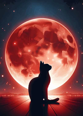 Cat Silhouette Under Red Moon