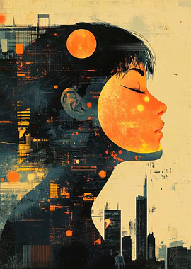 Abstract Woman Profile with Cityscape