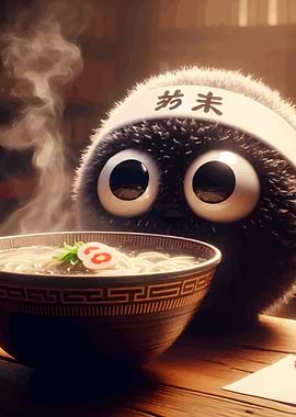 Cute Furry Character with Ramen Bowl