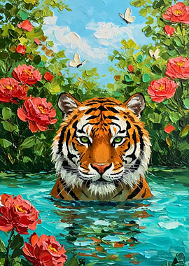 Tiger in Water with Flowers Painting