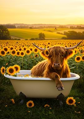 Highland Cow in Bathtub with Sunflowers