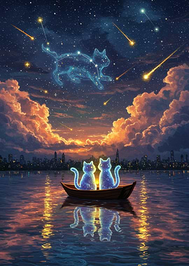 Celestial Cats in Boat at Night