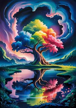 Rainbow Tree Reflection in Water