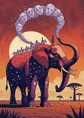 Elephant, Boy, and Faces in the Sky