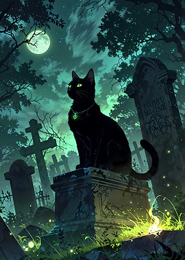 Moonlit Cemetery Cat