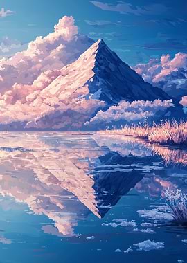 Mountain Reflection Anime Style Landscape
