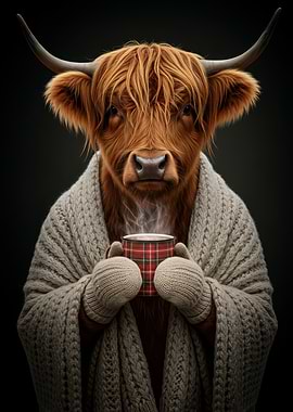Cozy Highland Cow with Hot Drink