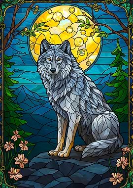 Stained Glass Wolf Under Moonlight