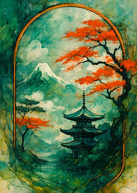 Abstract Fantasy #65 - Japanese Pagoda Watercolor Landscape