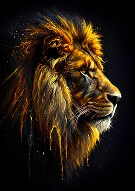 Golden Lion Portrait on Black Background