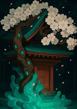 Japanese Temple with Cherry Blossom Tree