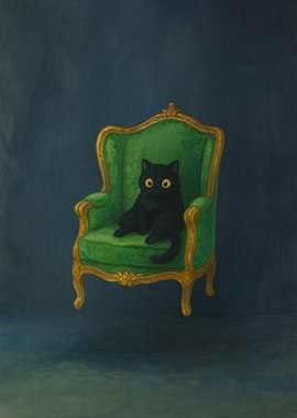 Black cat on green armchair