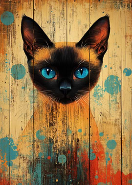 Siamese Cat Portrait on Wood