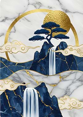 Abstract Waterfall Landscape with Golden Accents