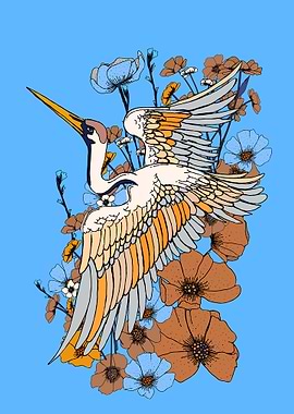 Crane in Flight with Floral Accents