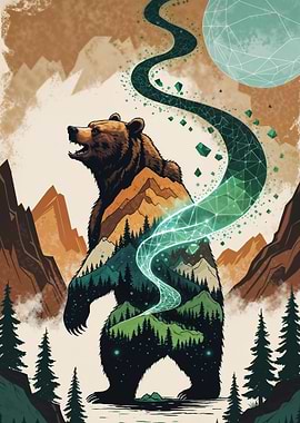 Bear with Mountain and Forest Silhouette