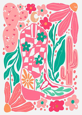 Pink Cowboy Boot Floral Illustration
