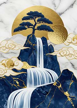 Blue and Gold Waterfall Landscape