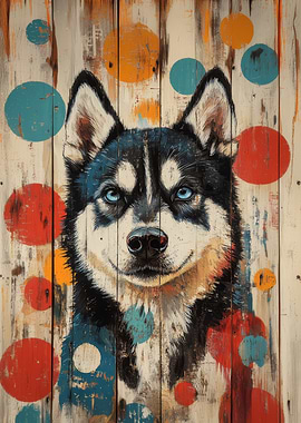Husky dog portrait on wood