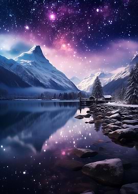 Snowy Mountains and Starry Sky Reflection