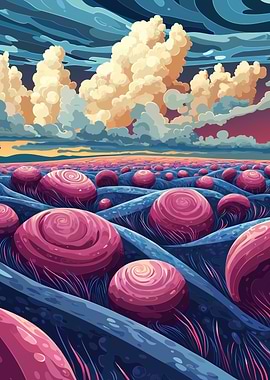 Surreal Landscape with Pink Spheres