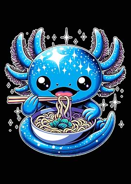 Axolotl eating ramen cartoon illustration