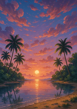 Tropical Beach Sunset with Palm Trees