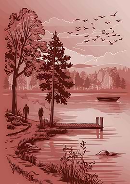 Monochrome Lake Landscape with Figures