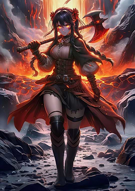 Anime Warrior Girl with Fiery Axe