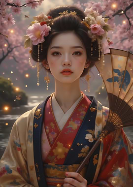 Geisha with Fan in Cherry Blossom