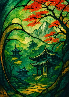 Abstract Fantasy #63 - Japanese Temple Landscape Watercolor Painting