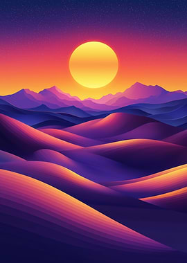 Sunset over purple rolling hills landscape