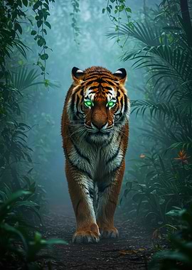 Tiger with Glowing Eyes in Jungle