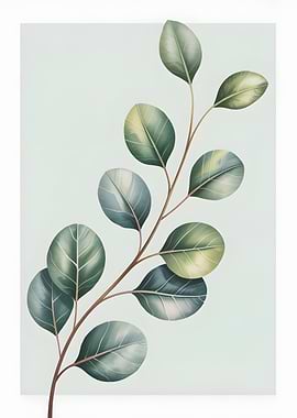 Watercolor Eucalyptus Branch on Light Background