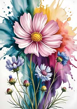 Watercolor Floral Bouquet with Colorful Splashes