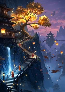 Monks on Mountain Path with Lanterns