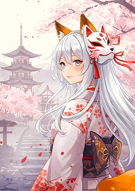 Anime Girl with Fox Mask and Kimono