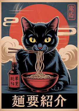 Cat Eating Ramen Japanese Art