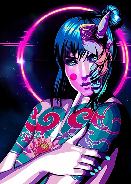 Cyberpunk Geisha with Oni Mask