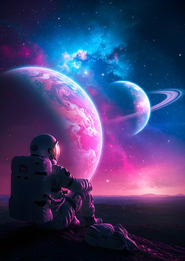 Astronaut contemplating planets in space