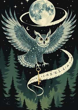 Owl with Key in Forest Night
