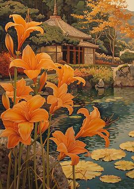 Orange Lilies by a Japanese House